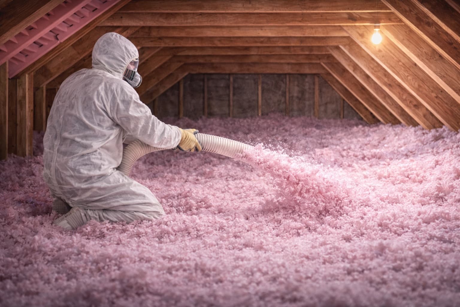 Professional attic insulation installation in progress